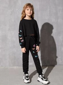 SHEIN Girls Drop Shoulder Butterfly Print Pullover And Joggers Set - Black - View 2