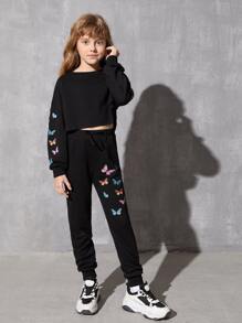 SHEIN Girls Drop Shoulder Butterfly Print Pullover And Joggers Set - Black - View 1