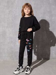 SHEIN Girls Drop Shoulder Butterfly Print Pullover And Joggers Set - Black - View 4