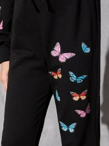 SHEIN Girls Drop Shoulder Butterfly Print Pullover And Joggers Set - Black - View 5