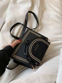 Mini Studded Decor Chain Satchel Bag - Black - View 2