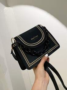 Mini Studded Decor Chain Satchel Bag - Black - View 4