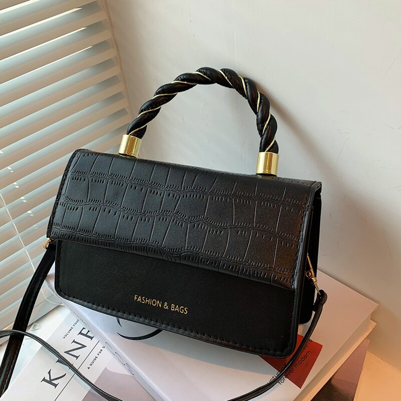 

Croc Embossed Flap Satchel Bag, Black
