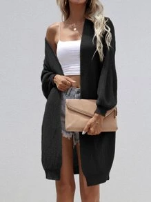 SHEIN LUNE Open Front Rib-knit Cardigan - Black - View 3