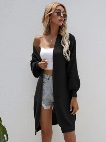 SHEIN LUNE Open Front Rib-knit Cardigan - Black - View 4
