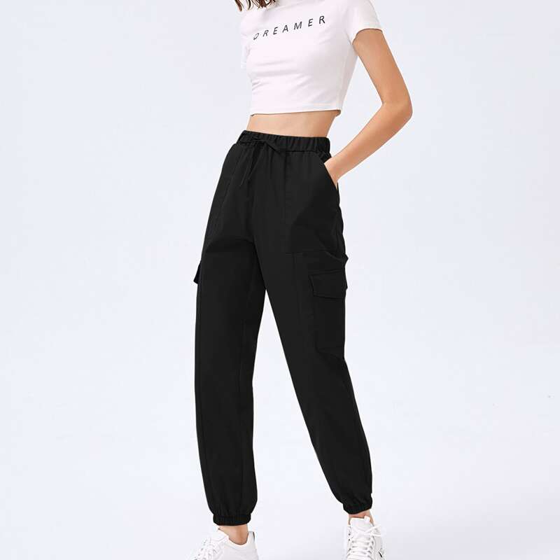 

Solid Flap Pocket Cargo Pants, Black