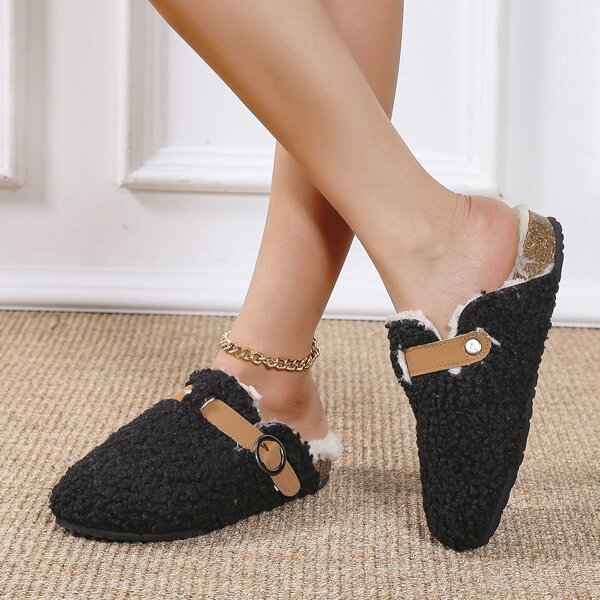 

Buckle Decor Fluffy Flat Mules, Black