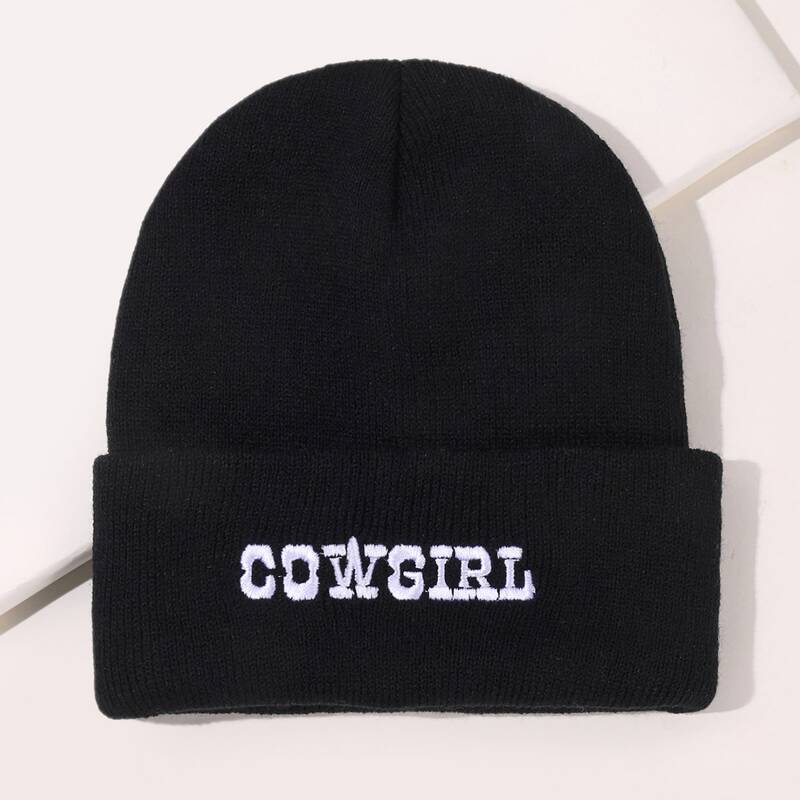 

Letter Graphic Embroidery Knit Beanie, Black