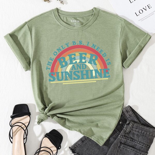 

Rainbow & Slogan Print Round Neck Tee, Olive green