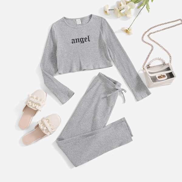 

Girls Letter Graphic Rib-knit Tee & Tie Waist Pants Set, Light grey
