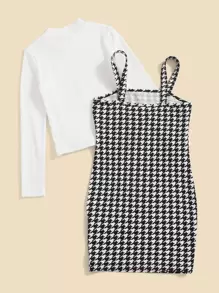 SHEIN Leap Crew 青少年女孩高領t恤和千鳥格印花背心連衣裙 - 黑與白 - 查看 6