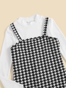 SHEIN Leap Crew 青少年女孩高領t恤和千鳥格印花背心連衣裙 - 黑與白 - 查看 3