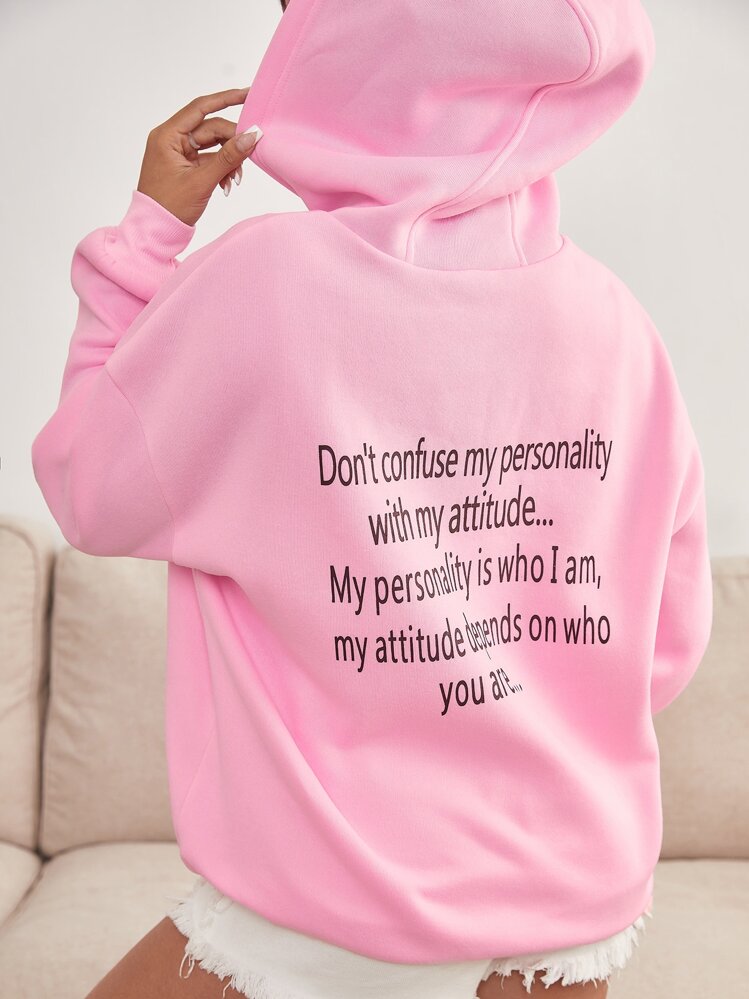 Muchica Áo hoodie ấm áp Đồ họa Khẩu hiệu Thả vai Dây rút - Màu Hồng baby - Xem 1