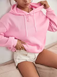 Muchica Áo hoodie ấm áp Đồ họa Khẩu hiệu Thả vai Dây rút - Màu Hồng baby - Xem 2