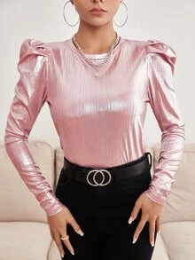 Solid Gigot Sleeve Glitter Tee - Baby Pink - View 4