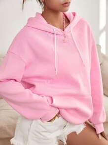 Muchica Áo hoodie ấm áp Đồ họa Khẩu hiệu Thả vai Dây rút - Màu Hồng baby - Xem 4