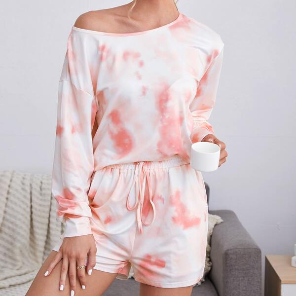 

Tie Dye Drop Shoulder Knotted Front PJ Set, Multicolor