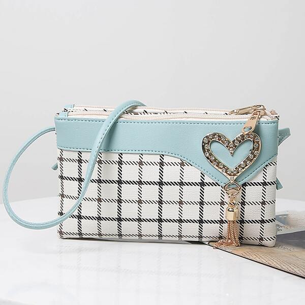 

Heart & Tassel Decor Plaid Pattern Square Bag, Multicolor