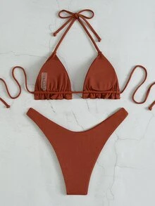 Plain Ribbed Frill Trim Halter Triangle Bikini Set, For Summer Beach Vacation - Brown - View 2