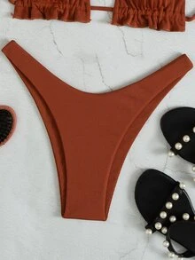 Plain Ribbed Frill Trim Halter Triangle Bikini Set, For Summer Beach Vacation - Brown - View 4