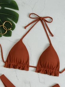 Plain Ribbed Frill Trim Halter Triangle Bikini Set, For Summer Beach Vacation - Brown - View 5