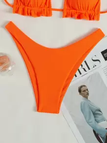 SHEIN Swim Summer Beach Neon Orange Ribbed Bikini Set Frill Trim Halter Triangle Bra Top & High Cut Bikini Bottom 2 Pieces Bikini, Bathing Suit - Orange - View 5