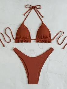 Plain Ribbed Frill Trim Halter Triangle Bikini Set, For Summer Beach Vacation - Brown - View 6