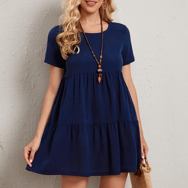 

Solid Ruffle Hem Smock Dress, Navy blue