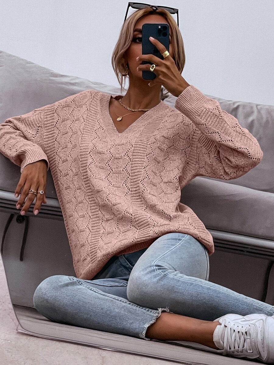 EMERY ROSE Drop Shoulder Pointelle Knit Jumper - Dusty Pink - View 1