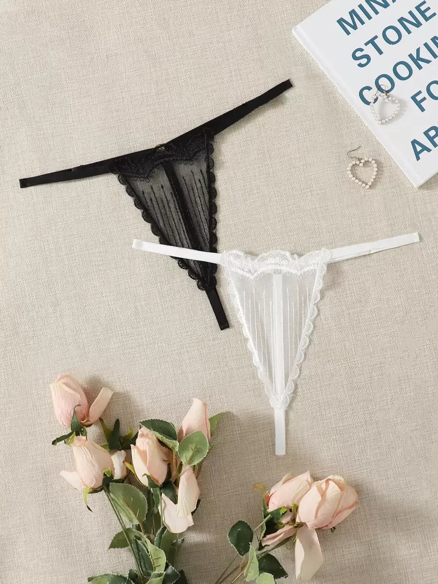 Embroidery Mesh Thong - Black and White - View 1