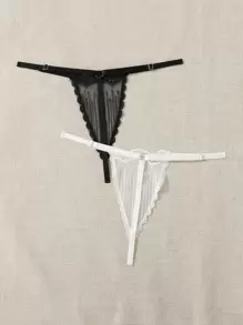 Embroidery Mesh Thong - Black and White - View 2