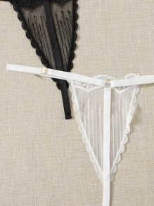 Embroidery Mesh Thong - Black and White - View 3