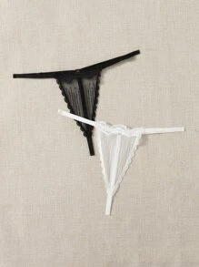 Embroidery Mesh Thong - Black and White - View 4