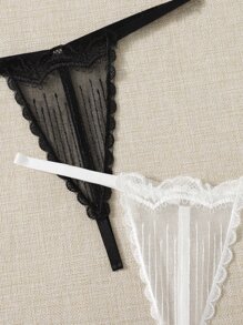 Embroidery Mesh Thong - Black and White - View 5