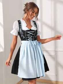 花卉刺繡繫帶啤酒女僕洋裝和圍裙和上衣 - 彩色 - 查看 1