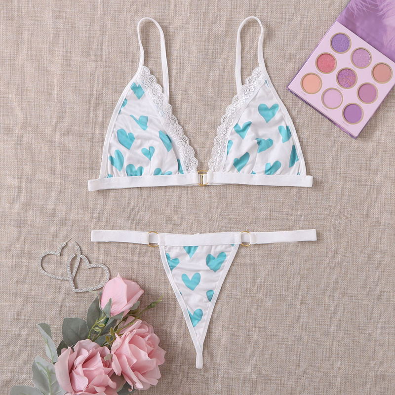 

Heart Print Lace Trim Lingerie Set, Blue and white