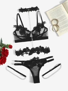 Applique Mesh Underwire Garter Lingerie Set With Choker - Black - View 1