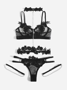 Applique Mesh Underwire Garter Lingerie Set With Choker - Black - View 2