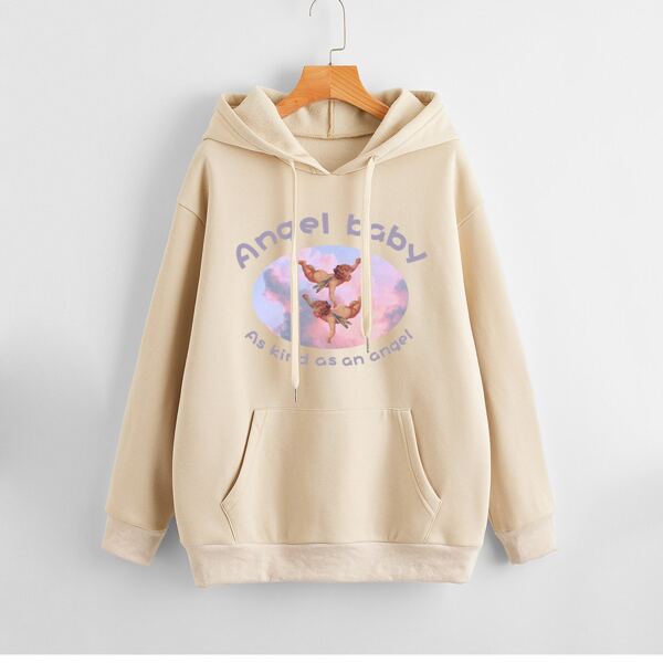 

Angel & Slogan Print Drawstring Detail Sweatshirt, Khaki