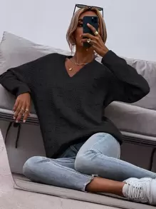SHEIN LUNE Drop Shoulder Pointelle Knit Jumper - Black - View 1