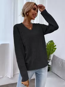 SHEIN LUNE Drop Shoulder Pointelle Knit Jumper - Black - View 4