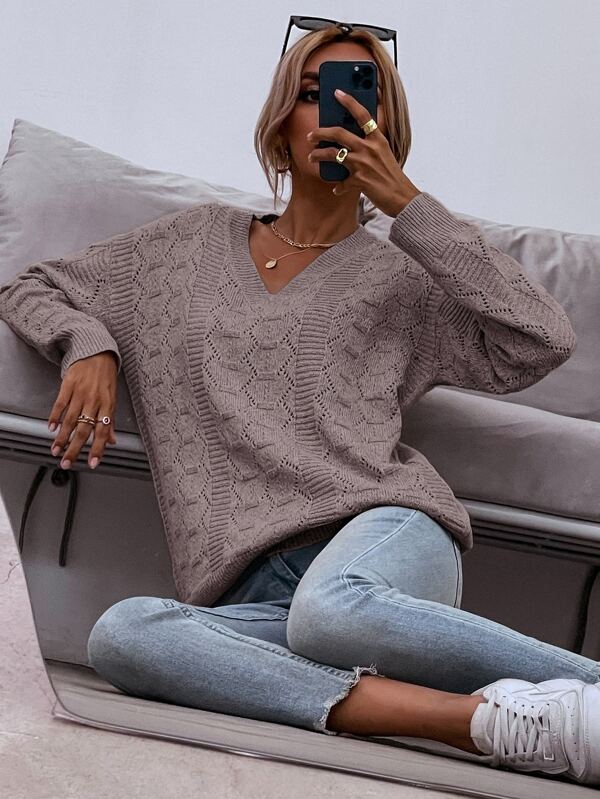 SHEIN LUNE Drop Shoulder Pointelle Knit Jumper