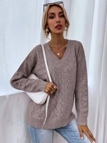 SHEIN LUNE Drop Shoulder Pointelle Knit Jumper - Dusty Purple - View 3