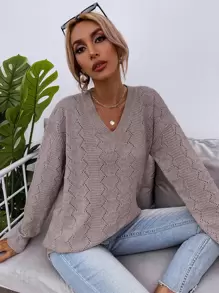 SHEIN LUNE Drop Shoulder Pointelle Knit Jumper - Dusty Purple - View 4