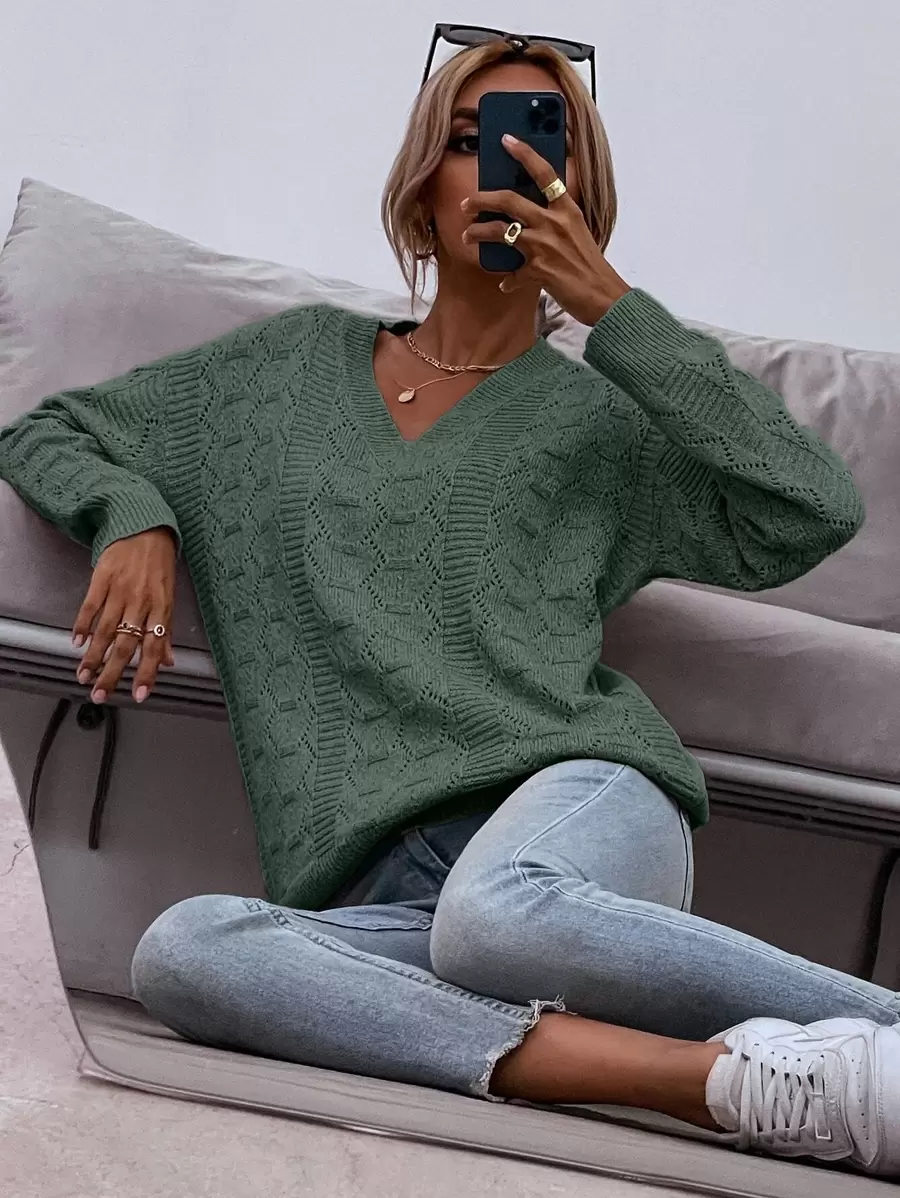 SHEIN LUNE Drop Shoulder Pointelle Knit Jumper - Green - View 1