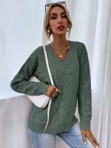 SHEIN LUNE Drop Shoulder Pointelle Knit Jumper - Green - View 3