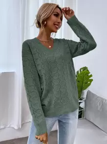 SHEIN LUNE Drop Shoulder Pointelle Knit Jumper - Green - View 4