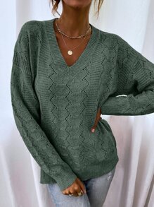 SHEIN LUNE Drop Shoulder Pointelle Knit Jumper - Green - View 5