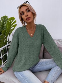 SHEIN LUNE Drop Shoulder Pointelle Knit Jumper - Green - View 6