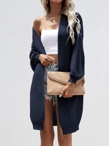 SHEIN LUNE Open Front Rib-knit Cardigan - Navy Blue - View 3